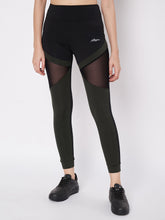 Waylene Sports Leggings with Black and Olive Panels and Mesh Inserts